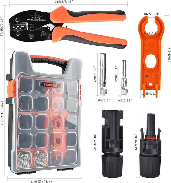 Solar Panel Connector Crimping Tool Kit with 1 Crimper, 15 Pairs Connectors and 1 Spanner Wrench - Essential Tools for Solar Installation Assembly