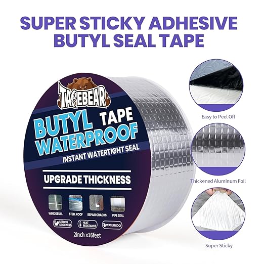 TAPEBEAR 36Rolls Extra Thicker Butyl Tape Waterproof 2inch x16feet, 51mil Aluminum Butyl Sealant Tape, Duct Sealing Adhesive for RV Roof Repair, Boat and Pipe Sealing, Metal, Roof Leak Patching