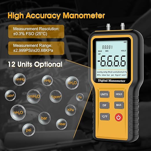 Digital Manometer Gas Pressure Tester with ±0.3% FSO Resolution, Differential Pressure Gauge with 12 Optional Units, Portable Air Pressure Gauge with LCD Backlight.