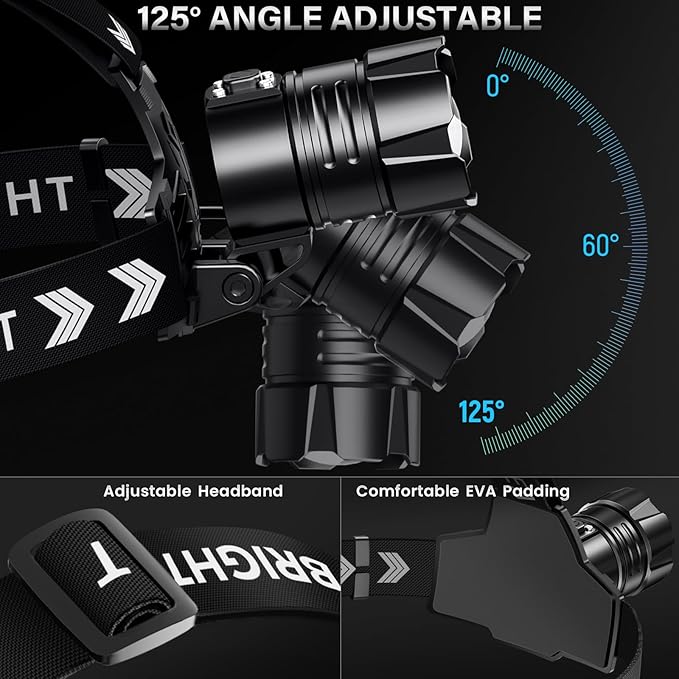 FINICO Rechargeable LED Headlamp 99000 High Lumens, 95 Hours Long Lasting Head Light with Zoomable & IPX7 Waterproof & 12 Modes & 125° Adjustable, Powerful Head Lamp for Outdoor (2 Pack)