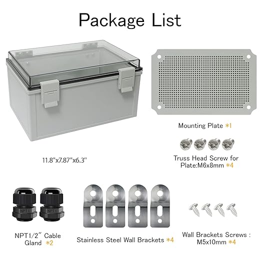 Junction Box IP65 Waterproof ABS Plastic Enclosure Hinged PC Clear Cover Electrical Project Box with Mounting Plate, Wall Brackets, Cable Glands 11.8" x 7.9" x 6.3"(300 * 200 * 160)