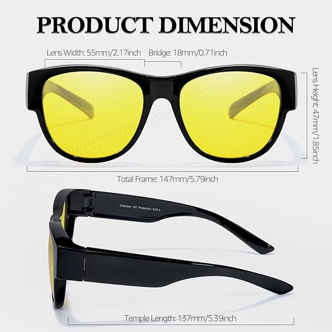 TJUTR Fit-Over Night Vision Driving Glasses for Men Women, Anti-Glare Polarized UV400 Yellow Lenses for Nighttime Safety