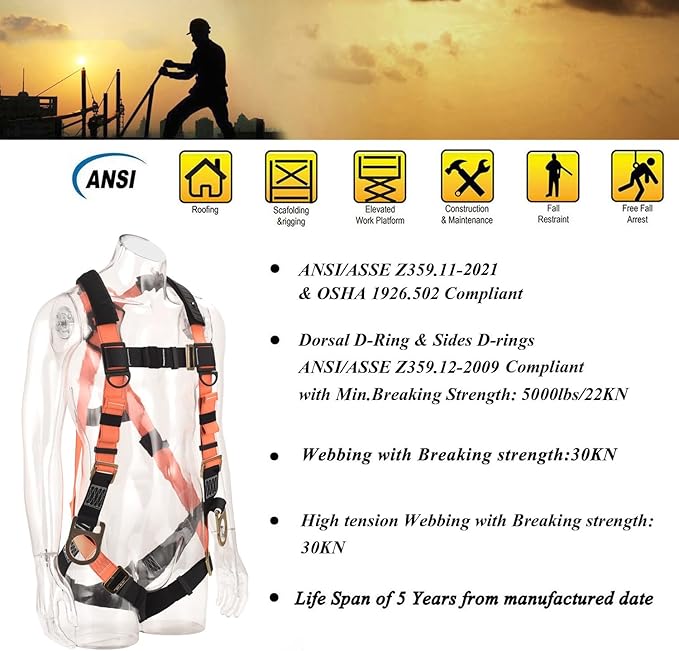 3D-Rings Industrial Fall Protection Safety Harness Kit With Double Leg 6-Foot Shock Absorber Stretch Lanyard ANSI Compliant Personal Fall Arrest System(PFAS)
