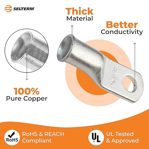 SELTERM 25pcs 6 AWG #10 Stud Marine Grade Tinned Copper Battery Cable Lugs, 6 Gauge Ring Terminals, UL Wire Lugs Electrical Battery Cable Ends, Tinned Copper Lugs Battery Terminal Connectors