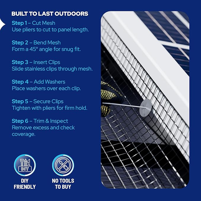KASTLITE Solar Panel Bird Guard Mesh Kit - 6in x 100ft PVC Coated Galvanized Wire Screen, 100 Stainless Clips, Pliers & Gloves - No Drill Critter Shield, Rodent Barrier Fence for Under Panels, Black