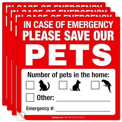 Pet Alert Safety Fire Rescue Sticker, In Case Of Emergency Please Save Our Pets, (4pack) 6x6 Inches, 4 Mil Vinyl Decal Stickers UV Protected, Made in USA by Sigo Signs