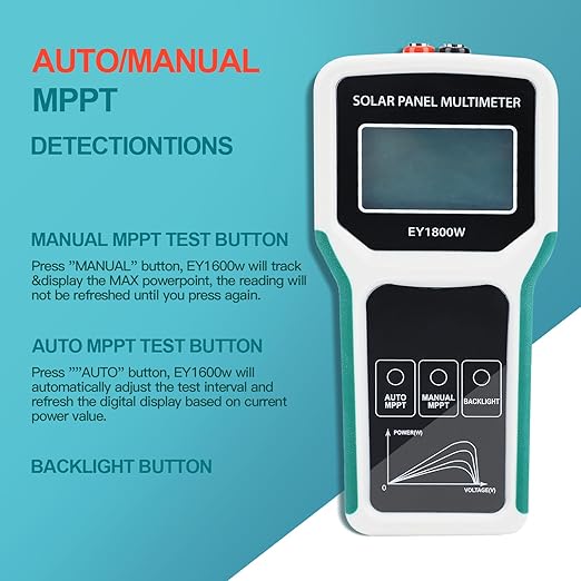 1800W Solar Panel Multimeter Tester, MPPT Photovoltaic Power Meter with LCD Backlight, Auto/Manual Detection, Measures Open Circuit Voltage, Max Power Point Pmax, Vmp, Imp