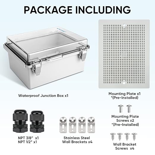 TICONN Outdoor Electrical Box Waterproof, Junction Box IP67 ABS Plastic Enclosure with Hinged Cover with Mounting Plate, Wall Brackets, Cable Glands (Clear, 8.7"x6.7"x4.3")