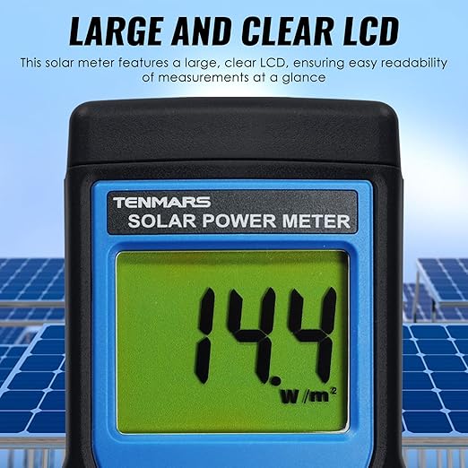 Solar Power Meter, Handheld Solar Irradiance Meter Solar Energy Meter, Digital Solar Power Meter with 2000 W/m2, 634 BTU / (ft2 · h) Measuring Range and MAX/MIN/Data Hold Function