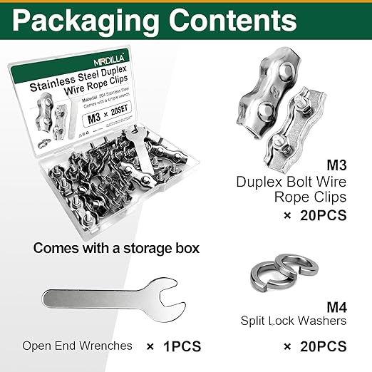 20 Pack Wire Rope Clips for 1.5-3mm Cable, M3 Stainless Steel Double Rope Clamp with Washers and Wrench