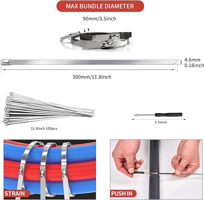Metal Zip Ties 11.8 inch 100pcs 304 Stainless Steel Zip Ties Heavy Duty Multi-Purpose Self-Locking Cable Ties for Machinery, Vehicles, Exhaust Wrap, Farms, Pipes, Roofs, Cables, and Outdoor Fence