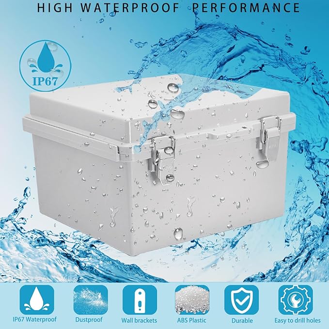 Waterproof Outdoor Electrical Box Junction Box Weatherproof IP67 ABS Plastic Enclosure Switch Router Project Box with Mounting Plate with Wall Bracket 2 Cable Glands Grey 8.27" x 8.27" x 5.12"