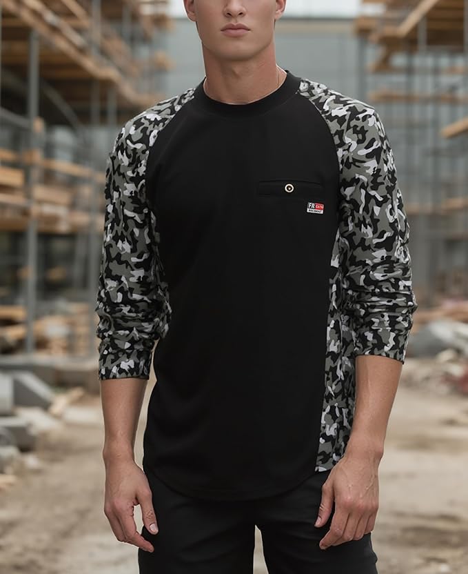 BOCOMAL FR Shirts Crewneck 5.5oz Lightweight Cotton Paisley Camo Two-Tone Flame Resistant Long Sleeve CAT2 Work Shirt