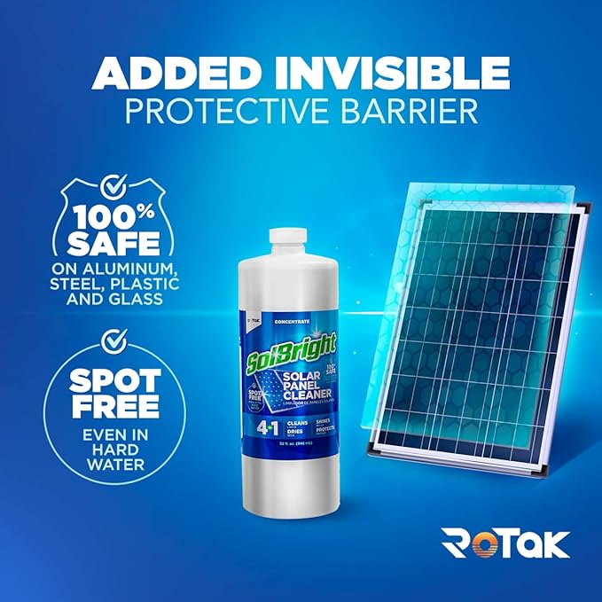 Rotak SolBright 4-in-1 Solar Panel and Window Cleaner Solution For PV Solar Panels and Glass Spot Free Quick Dry Non-toxic Cleans Up to 10 Solar Systems (32 oz)
