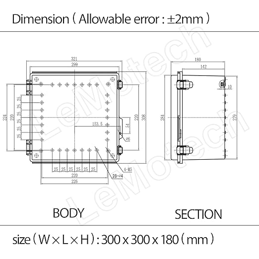 LeMotech Electrical Box, IP67 Waterproof Hinged Cover Stainless Steel Latch Junction Box, ABS Plastic Electrical Enclosure with Mounting Plate,Wall Brackets, Cable Glands, 11.8"x11.8"x7.1", Grey