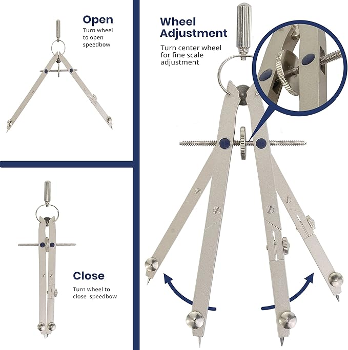 Pacific Arc Spring Bow Compass with Extension bar, ruling Pen, 6 inch Divider, Universal Adaptor, 6 inch Break Leg, and Replacement Lead.