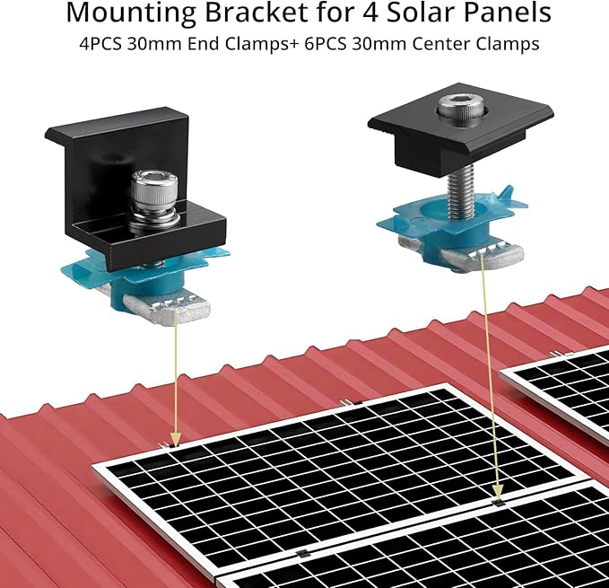 Anbte 10 PCS Solar Panel Mounting Brackets for Unistrut, Aluminium 30mm 6 x T-Shaped Mid Clamps + 4 x End Clamps, Solar Panel Mounting Kit for Metal, Tin, Flat, Sheet Roofs, RV, Black