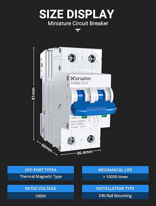 Miniature Circuit Breaker 1000V DC Circuit Breaker 2 Pole 16Amp Smart Circuit Breaker,DC Disconnect Switch DIN Rail Mount for Marine Power Systems, Solar photovoltaic Systems (C16A)