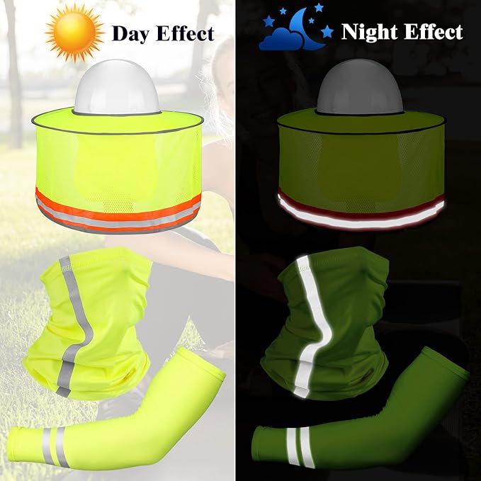 SATINIOR 3 Pcs Sun Hard Hat Neck Protection High Visibility Full Brim Mesh Sun Protection Bandana Headband Arm Sleeves with Reflective Strap for Construction Helmet Hard Hat(Neon Yellow)