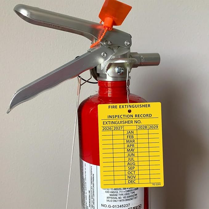 SmartSign 4-Year Yellow Fire Extinguisher Tags Monthly Inspection (10-Pack), 2.25" x 3", 2026 to 2029, Heavy-Duty Polyethylene, Tear Proof, 2+ Year Outdoor Life, Made in USA