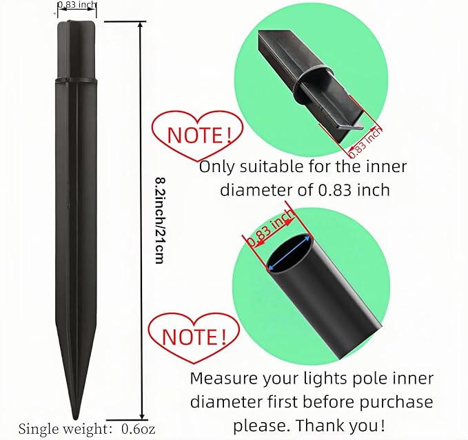8.25" Reinforced ABS Plastic Solar Ground Spikes - Durable Solar Light Replacement Stakes for Garden, Pathway, Deck, Camping, Christmas Lights (Fits 0.83" Inside Diameter) (Black-5PACK)