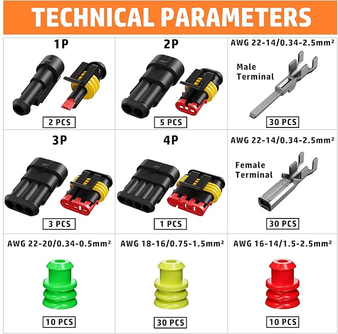 PEBA Crimping Tool and Waterproof Automotive Connectors Kit, 1/2/3/4-Pin Automotive Electrical Male/Female Connector Plug and Ratchet Crimper Tool AWG 22-14, for Cars, Motorcycles & Boats