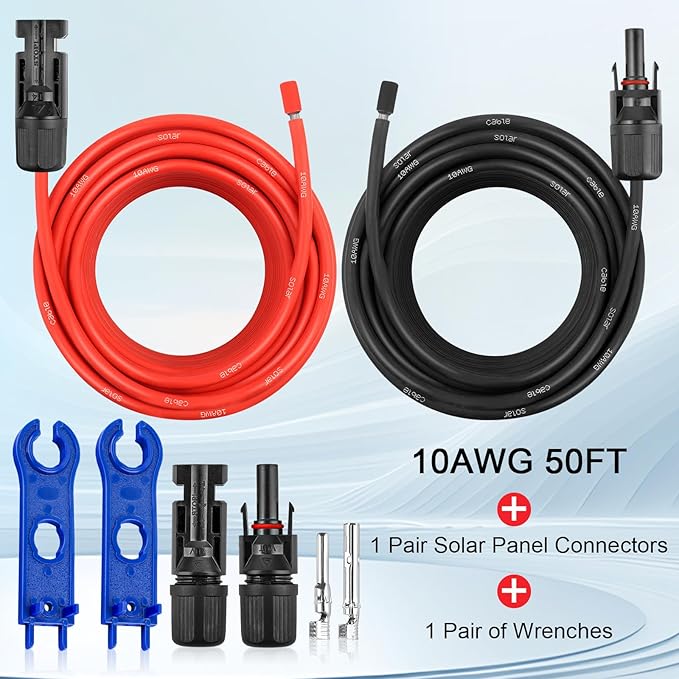 10AWG Solar Extension Panel Cable - 50FT Solar Wire with Waterproof Female and Male Connector and Solar Panel Adaptor Kit Tool PV Wire for RV, Home, Boat, Solar Panels(50feet Red + 50feet Black)