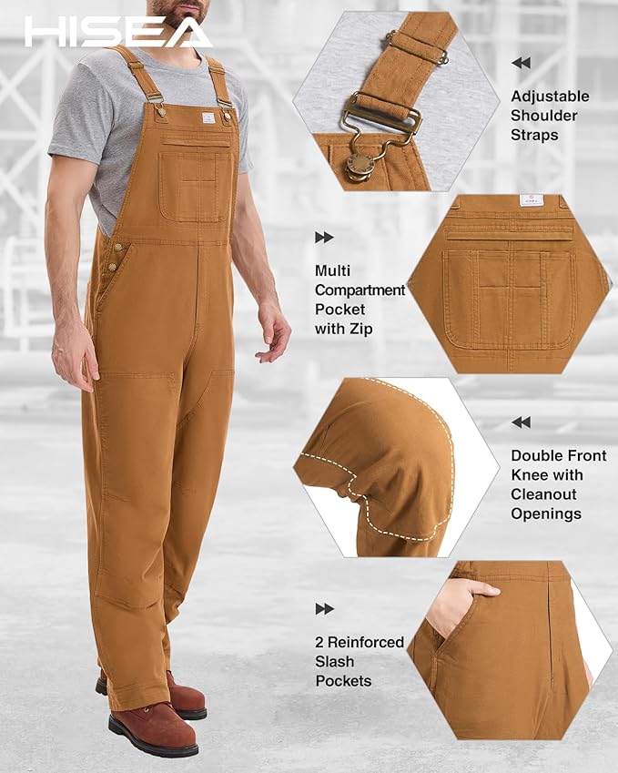 HISEA Flex Canvas Overalls for Men, Bib Work Double Knee Stretch Overall, Relaxed Fit Lightweight Workwear with Pockets