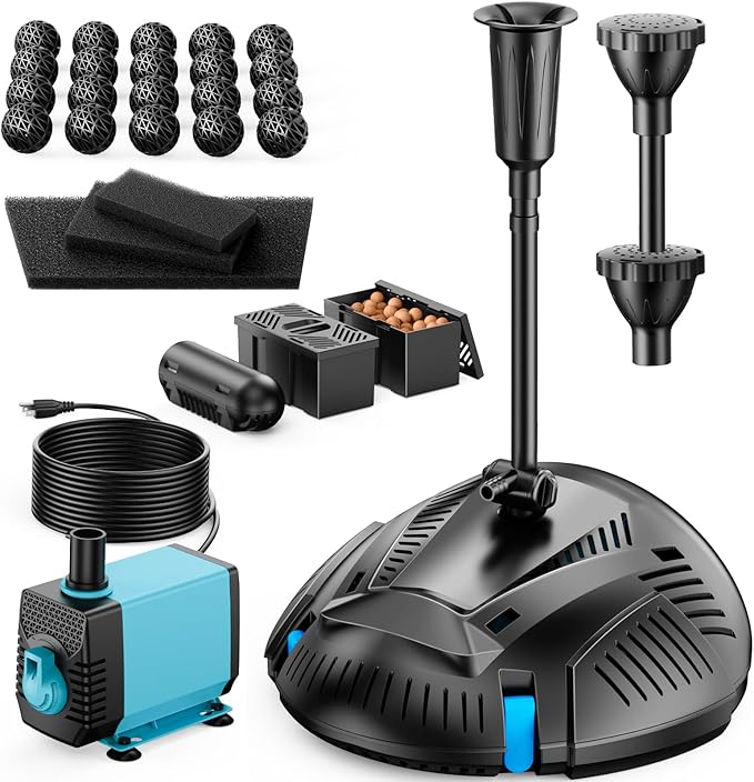 Antfraer Pond Filter with Water Pump, Pond Filter Box Built-in U-V Clarifier with 660GPH Fountain Pump Adjustable, Pond Filter Box for Ponds, Fish Tank Waterfall Garden (Corded Electric)