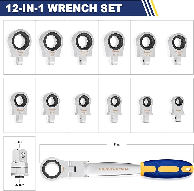 haisstronica 13pcs Flex-Head Ratcheting Combination Wrench Set with 3/8 in Adapter, SAE 1/4-3/4 inch Ratchet Wrench Tool for Auto, Tools for Men Gifts