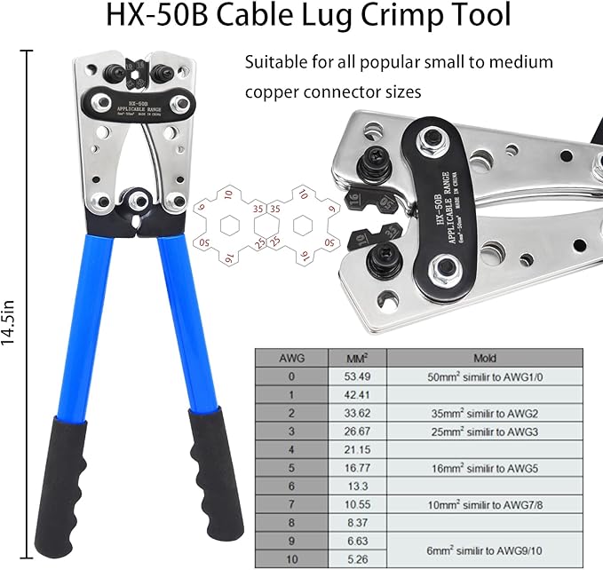 Cable Lug Crimping Tool with 50/100/200Pcs Copper Wire Lugs, Battery Cable Lug Crimping Tool Kit for AWG 10-1/0, Cable Cutter, 80Pcs Heat Shrink Tubing,Battery Terminal Crimper Tool