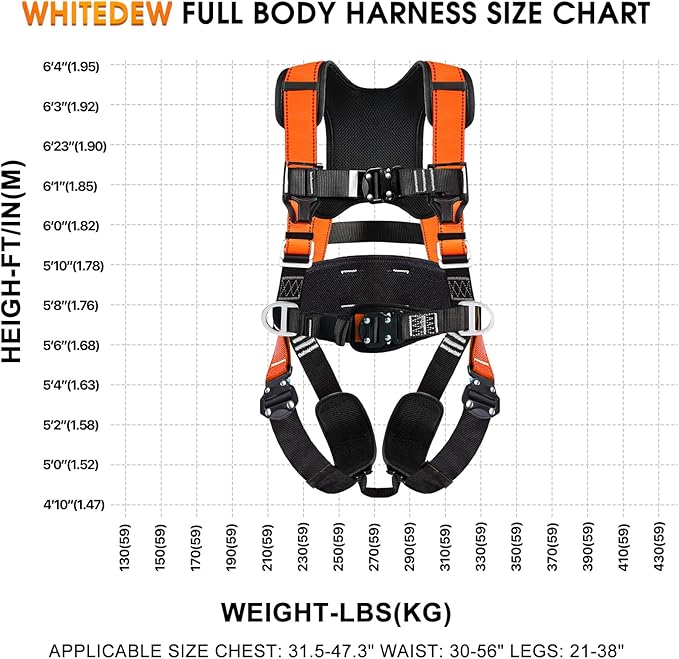 Fall Protection Premium Safety Harness with Shock Absorbing Lanyard, Vented & Padded Shoulder, Legs & Back - Upgrade 4 Quick Buckles (Orange)