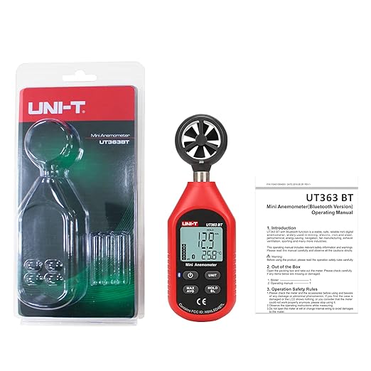 UNI-T Digital Anemometer UT363BT Handheld Wind Speed Meter Wind Chill Air Temperature Gauge -14° ~122°F /-10°C~50°C for HVAC Shooting Drone with LCD Backlit Max/Avg Data Hold