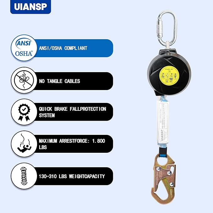 6FT Self Retracting Lifeline Fall Protection Retractable Safety Lanyard Rectracting Lifeline Personal Fall Arrest Protection ANSI Self Retractable Gear for Roofing Construction(Small Hook)