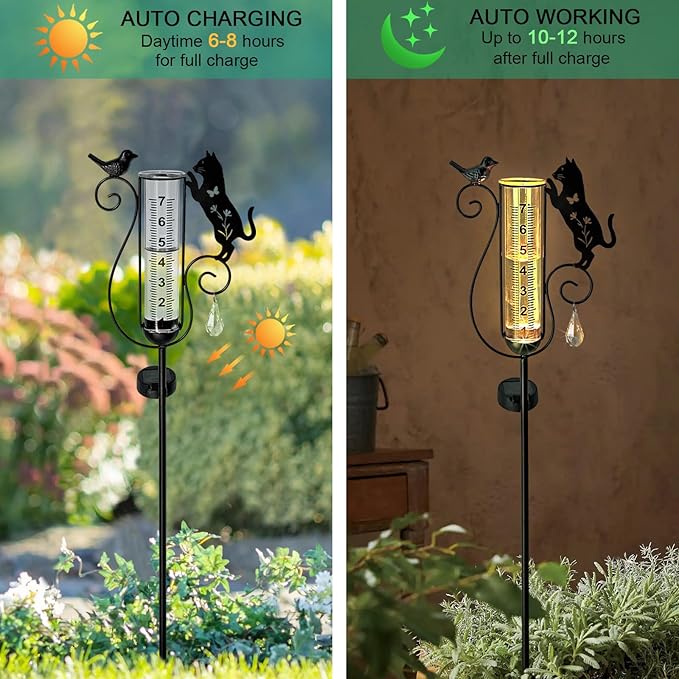 Outdoor rain Gauge Accurate Outdoor rain Gauge Garden rain Gauge with Black Kitten and Bird Solar Light Stake Decorative rain Gauge for Garden Patio Lawn with Large Numbers 37 in Tall