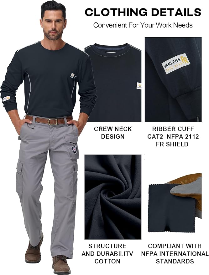 FR Shirts for Men CAT2/HRC2 6.5oz Lightweight Fire Resistant Shirts for Men Long Sleeve Crewneck T-Shirt