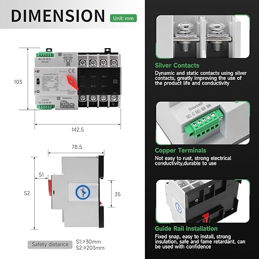 100Amp AC110V Automatic/Manual Transfer Switch 4P 50/60Hz, 4POLE 100A Mini ATS Solar Auto Dual Power Switch W2R for Home Generator, Din Rail Mount Cn Automatic Changeover Fast Transfe for,Rv,Lv Power