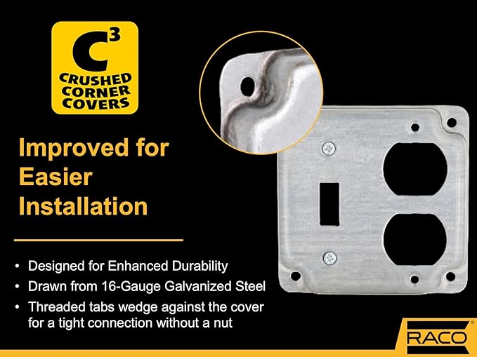 Hubbell-Raco 906C 1 Duplex Receptacle and Toggle Switch 4-Inch Square Exposed Work Cover, Steel