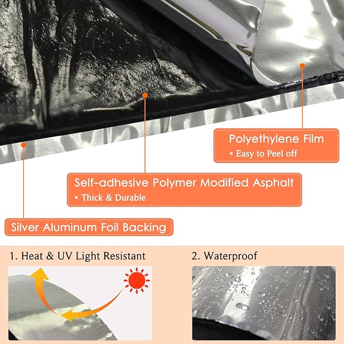 BXI Flashing Roll Tape Membrane, 2 inches X 32 Feet Thick Waterproof Patch Seal Tape, Self-Adhesive SBS Modified Rubberized Asphalt, Deck Seam Joist Leak Sealant for Roof Window Gutter Repair Outdoor