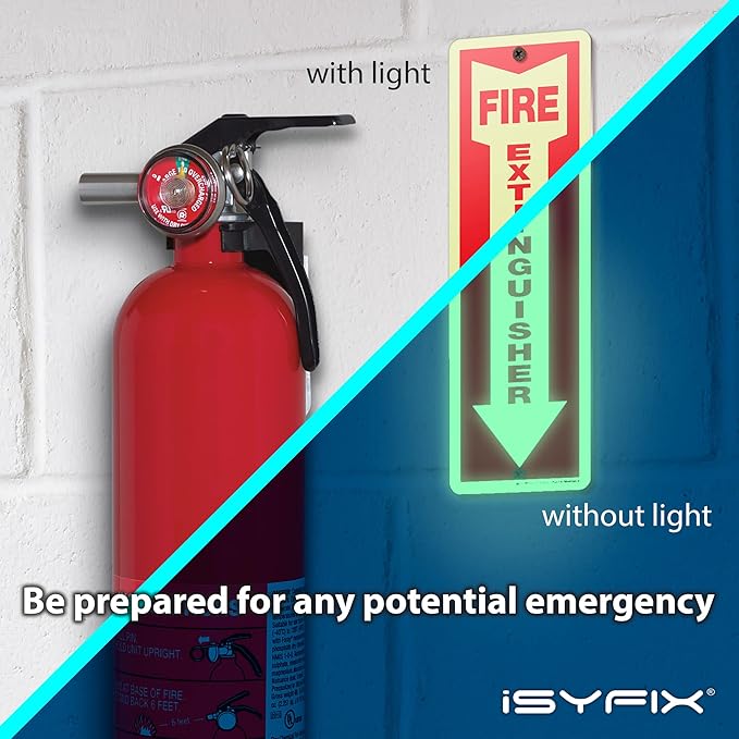 iSYFIX Fire Extinguisher Glow in the Dark Aluminum Signs – 10 Pack 4x12 Inch – Photoluminescent, Laminated for Ultimate UV and Fade Resistance, Indoor and Outdoor, for Business, Schools, Hospitals,