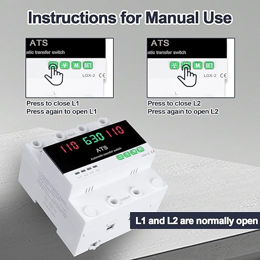 63A 110V Automatic/Manual Transfer Switch, DIN Rail Mount 110V for Generator Backup Power & Gas Furnace, 50/60Hz, LED Display, CE Certified