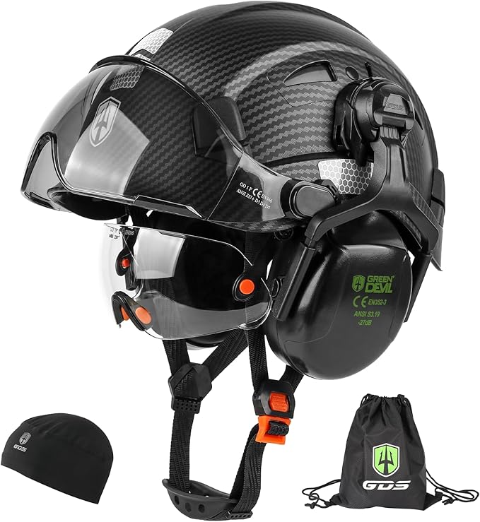 GREEN DEVIL Hard Hat Safety Helmet with Visor and Ear Muffs Men Women Vented Work Hardhat ANSI Z89.1 Cascos De Construccion for Industrial Construction Forestry