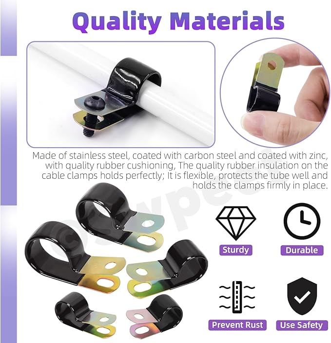 Swpeet 64Pcs 9 Size 5mm-25mm 1/4" Hole Vinyl Coated Cable Clamps Galvanized and 95Pcs Hex Screws Nuts Assortment Kit, Rubber Cushioned Insulated Clips, Metal Wire Clamps for Pipe Cables Wires