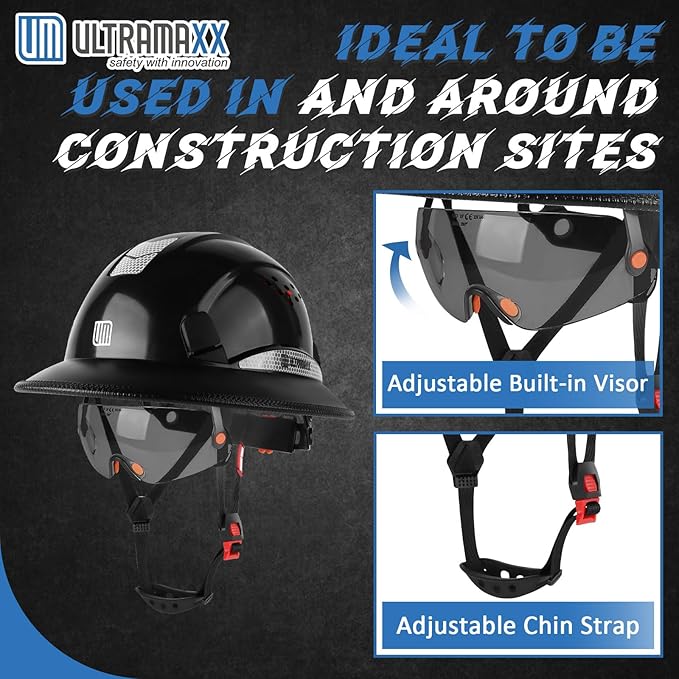 Full Brim Hard Hat with Built-in Visor, ANSI Z89.1 OSHA Approved Construction Safety Helmet with Chin Strap for Men Women