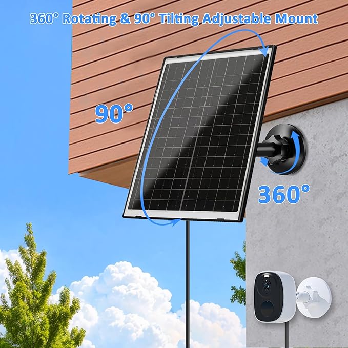 Zivif Solar Panel for Security Camera, 10W Solar Charger Compatible with Battery-Powered Camera, USB-C, Micro USB & DC 5.5x2.1mm Port, 360° Adjustable Mount, 7.2ft Cable