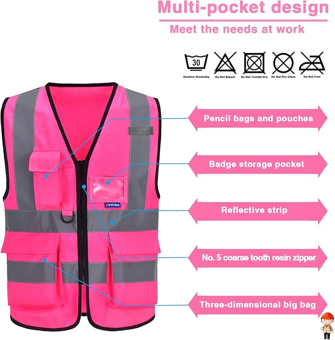 A-SAFETY Pink Safety Vests for Women,Working Safety Vest with Reflective Strips,Medium