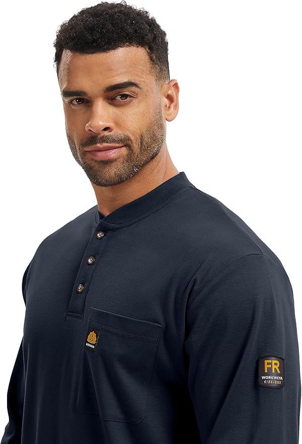 WORKWEYA 6.5oz Flame Resistant Henley Shirt 100% Cotton Lightweight FR Shirts for Men