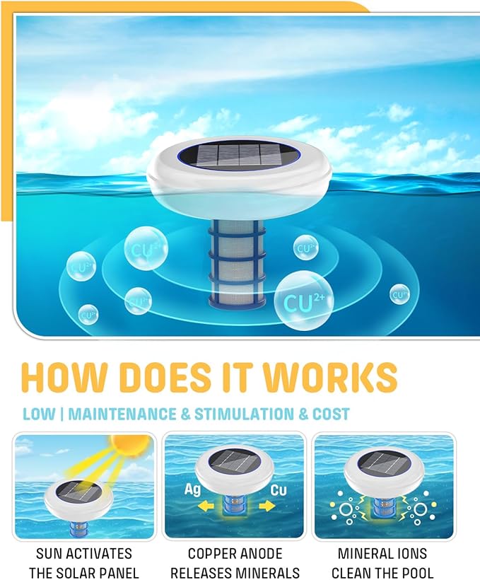 Solar Pool Cleaner, Floating Water Cleaner and Purifier, Copper for Pool 35,000 Gallons, Large Solar Panel & 2 Sets of Fittings, Floating Water Cleaner for Above Ground Pool & Inground Pool