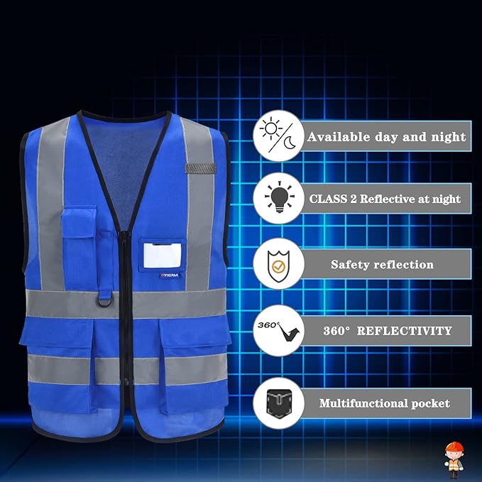 A-SAFETY Blue Safety Vest Reflective Work Vest,Hi Vis Bright Neon Color with 4 Reflective Strips 7 Pockets,Small