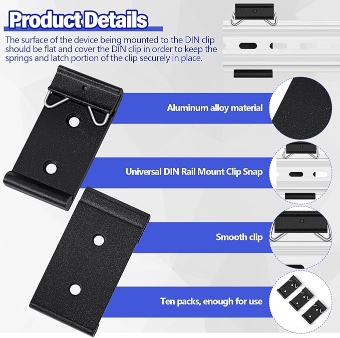 Hicarer 10 Pcs Din Rail Mount Clip 1.02 Inches Width Snap in Universal Mounting Brackets Fixed Clamp, Black Aluminum Alloy Relay Clip for 35mm Din Rail Switches and Injectors